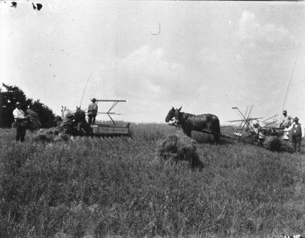 Two men are using horse-drawn binders in a field. One man is standing on the left holding a sheaf of wheat, and on the right a man is standing and is wearing a vest and hat.