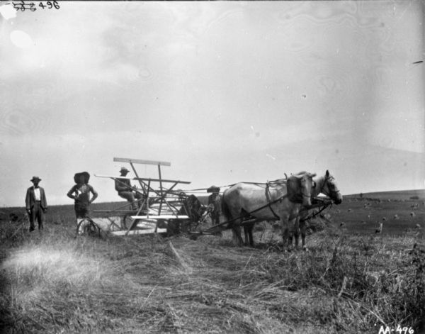 Three men are standing near a man using a horse-drawn binder in a field.