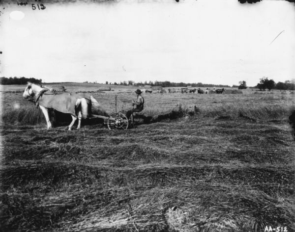 Left side view of a man using a horse-drawn mower in a field. The horses are wearing blankets. In the far background are haystacks, and men working with horses.