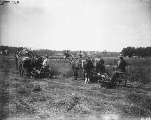 Three-quarter view from left rear of two men using horse-drawn mowers in a field. The horses are wearing fly-nets. In the background are farm buildings.