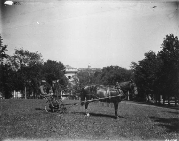 Left side view of a man using a horse-drawn mower on a lawn. The horse is wearing a fly-net. There are buildings, and what may be the capitol of Philadelphia, in the far distance.