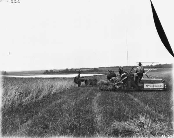 View down harvested field towards a man on a horse-drawn McCormick binder. A man on the left is holding sheaves of grain. A body of water is in the background.