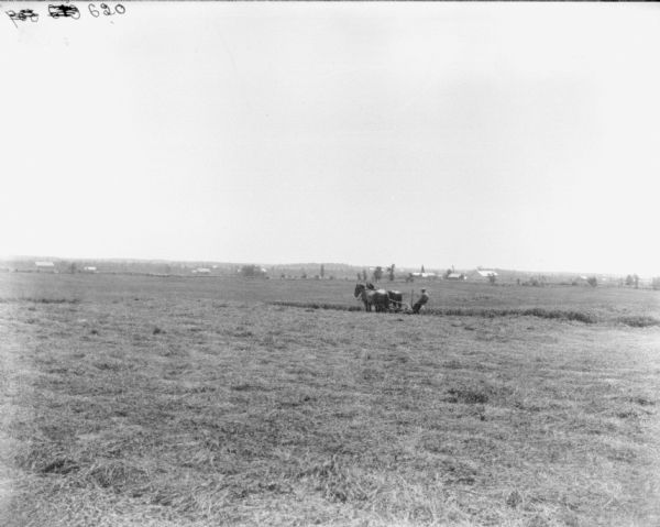 View across field towards a man using a horse-drawn mower in a large field. Farm buildings are in the distance.