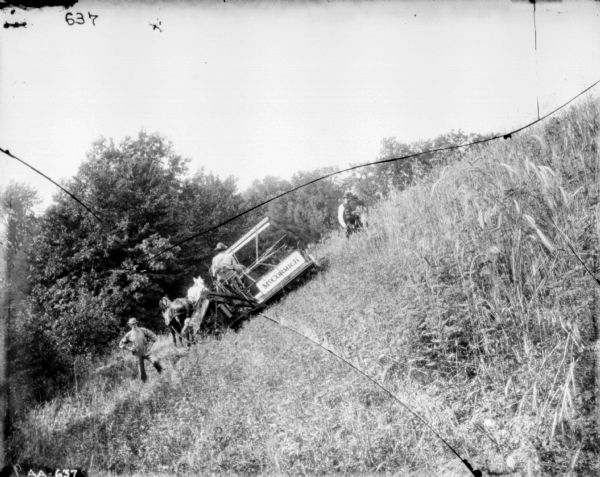 Two men are standing near a man using a horse-drawn McCormick binder on a steep grade. Trees are in the background.