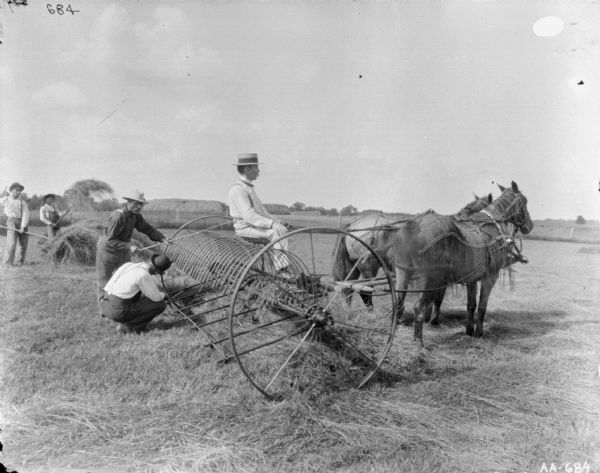Two men are adjusting the rake height on a horse-drawn dump rake. A man is sitting in the driver's seat of the dump rake. Two other men or young boys are standing in the background on the left holding rakes. The horses are wearing fly-nets.