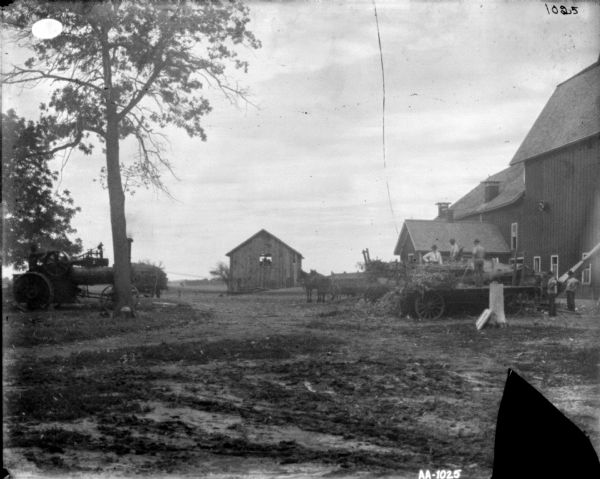 View across barnyard of men engaged in a silaging operation. One man is sitting on a tractor on the left to supply belt-driven power to the husker and shredder. In the center is a horse-drawn wagon, and a group of men are gathered around another wagon near a barn on the right.