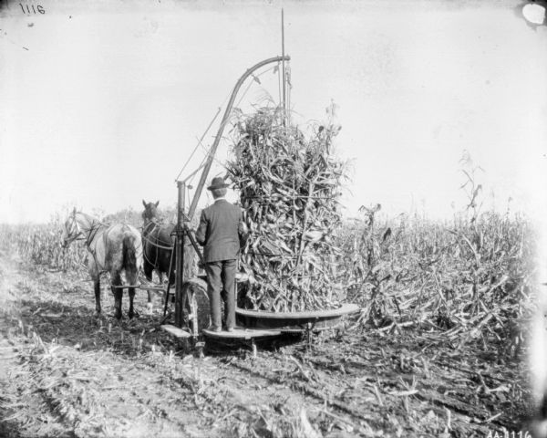 Three-quarter view from left of a man standing on the platform of a horse-drawn corn binder in a field.