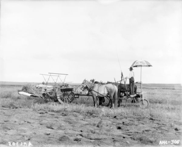 Side view of a man using a horse-drawn push binder in a field. The man is standing on a platform under an umbrella which has an advertisement for hardware and implements.