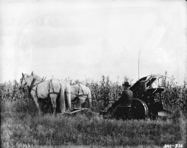 Left side view of a man using a horse-drawn corn binder in a field.