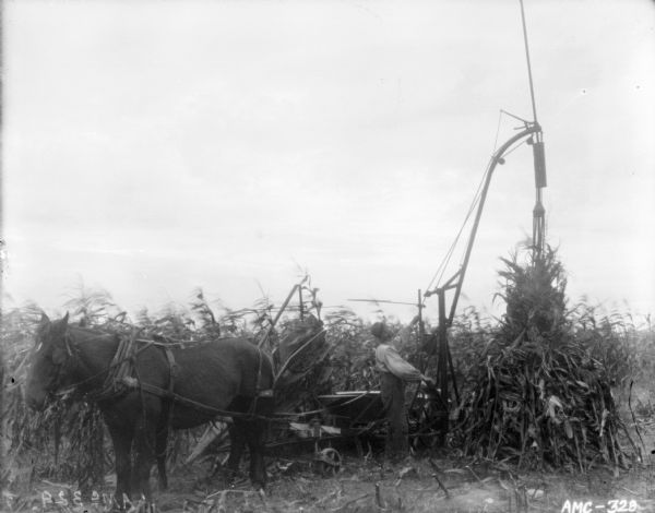 Left side view of a man using a horse-drawn corn binder in a field.