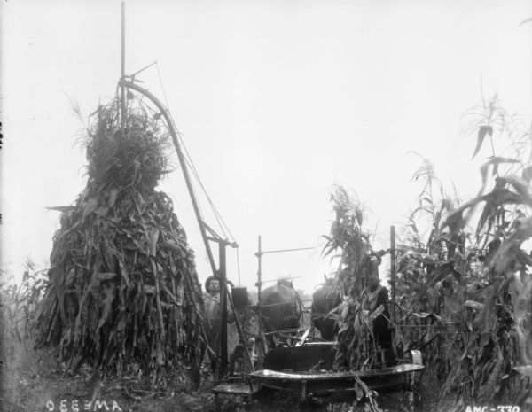 View of a man binding corn stalks with a horse-drawn corn binder.