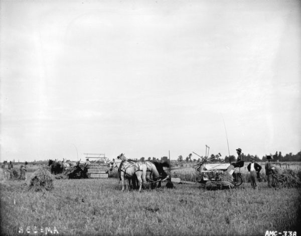 Large group of men in field near two men on horse-drawn binders. A foreman stands on the right. Farm buildings are in the far background.