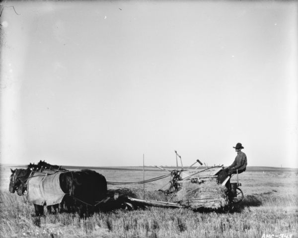 Left side view of a man using a horse-drawn McCormick binder in a field. The four horses are wearing blankets and blinders.