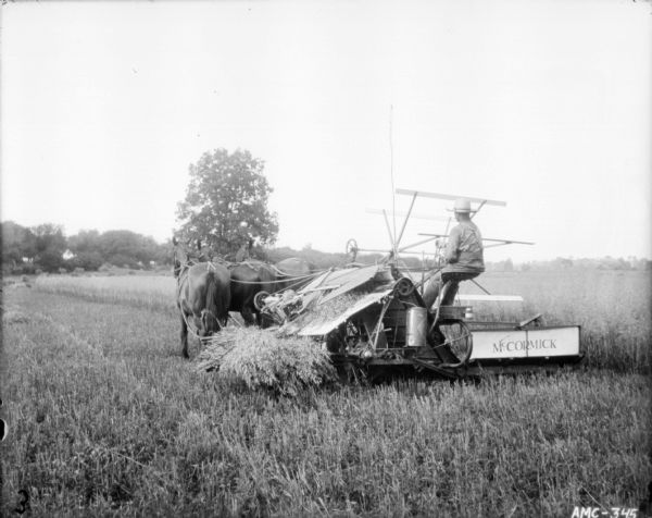Three-quarter view from left rear of a man using three horses to pull a McCormick binder in a field.