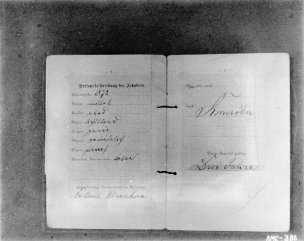 Handwriting filling in the blanks on two inside pages of a bound document. The document is in German. On the bottom of the left page is a signature that reads: "Antonie B?rankova."
