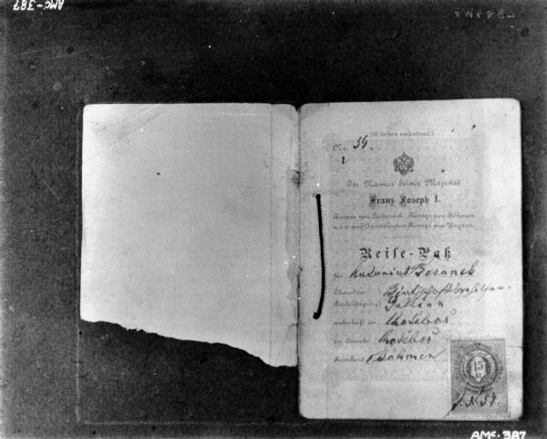 Inside front cover and first page of a bound document written in German. The blanks are filled in with handwriting. On the bottom right is an official stamp.