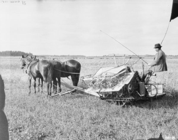 Rear view from left side of a man using a McCormick binder in a field.