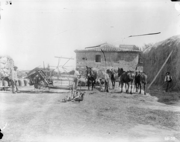 A man on the left is standing near a McCormick binder parked in a yard near a building. There is a wagon loaded with sacks of grain near the binder, and ducks are in the foreground. In the center two men are standing near horses, and another man is standing near the haystack on the right. There is a flock of what may be sheep near the stone building in the background.