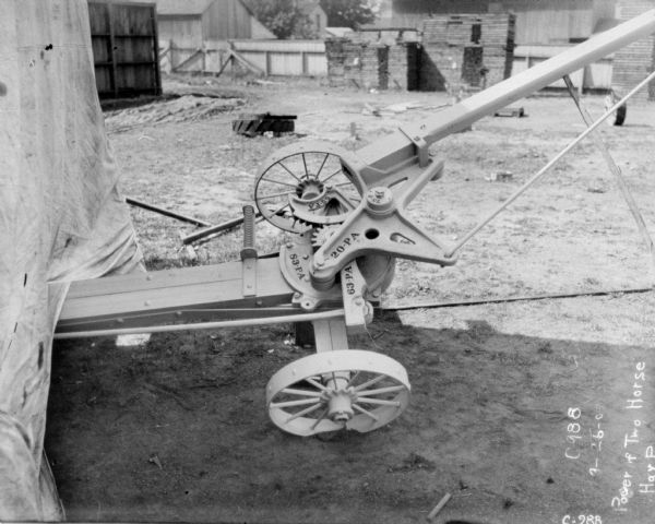 Power section of two-horse press for a horse-powered Hay Press, displayed outdoors at Champion Works.
