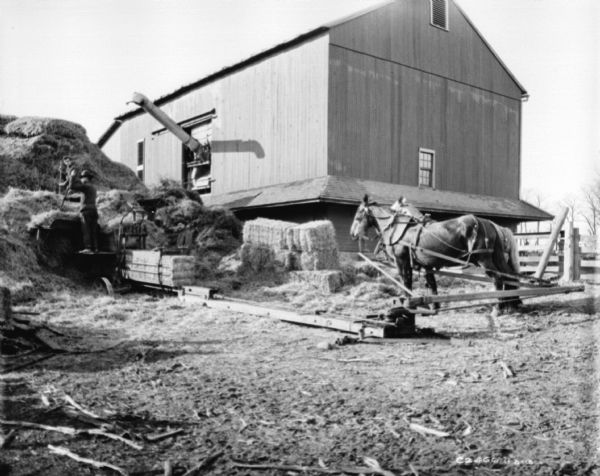 View of a man working with a horse-powered hay press near a barn. The two men are loading hay from a large haystack into the hay press. Two horses are powering the hay press. In the background is a barn with a chute coming out of the open barn door.
