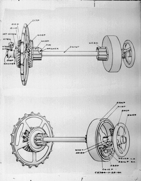 Line drawings of labeled parts on axles.