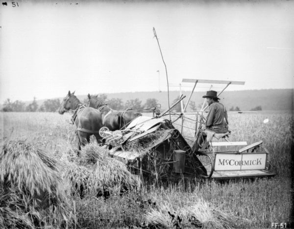 Man Using Horse-Drawn Binder | Photograph | Wisconsin Historical Society