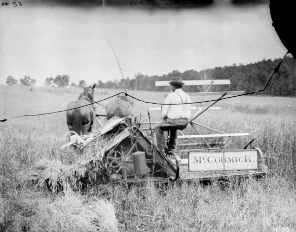 View from rear of a man using a horse-drawn McCormick binder in a field.