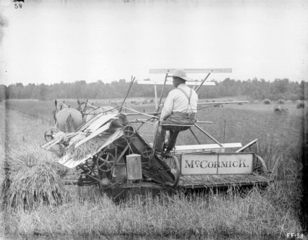 Rear view of a man using a horse-drawn McCormick binder.
