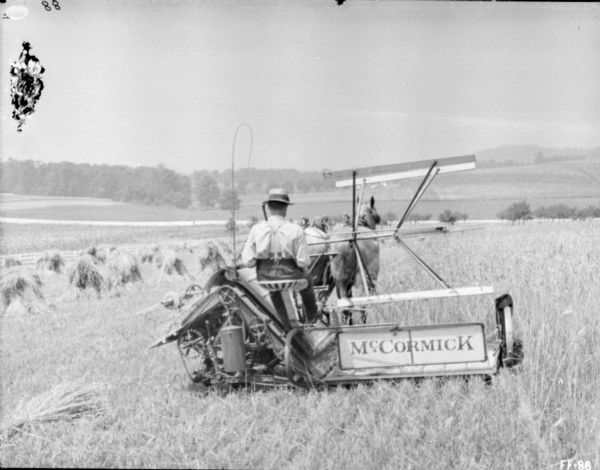 Rear view of a man using a horse-drawn binder in a field.