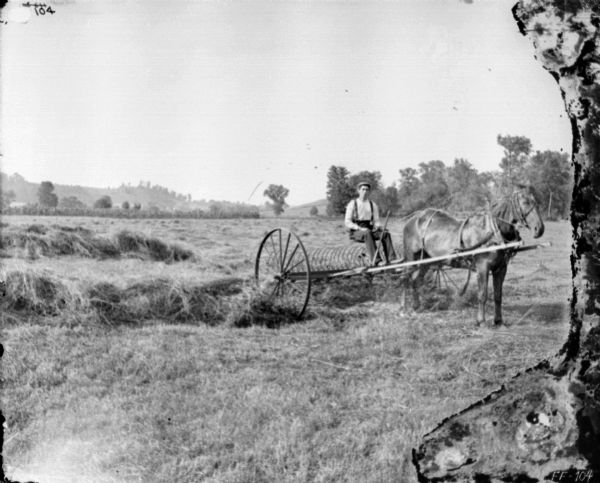 Man Using Horse-Drawn Dump Rake | Photograph | Wisconsin Historical Society