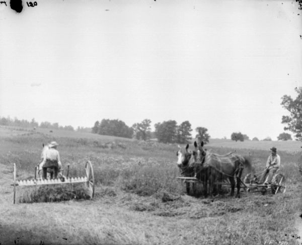 On the left a man is driving a horse-drawn dump rake, and on the right a man is using a horse-drawn mower in a field.