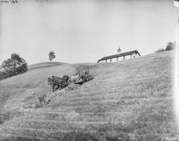View up hill towards a man using a horse-drawn binder along the side of the steep hill. A large building is at the top of the hill.