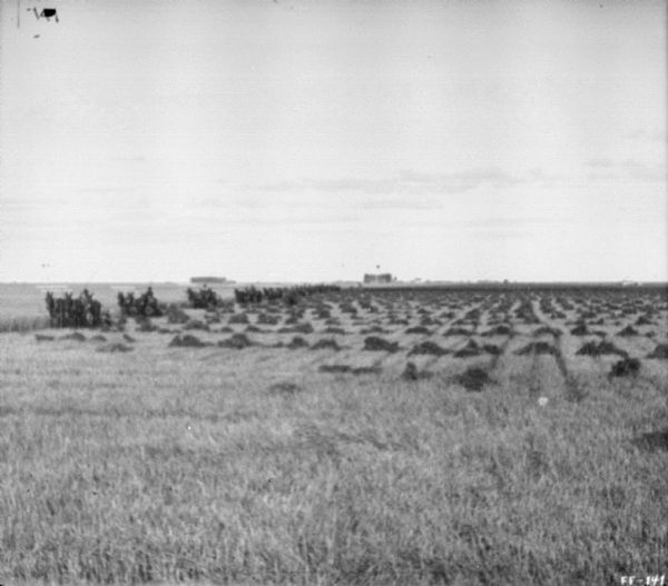 View across field towards approximately 15 men, each on a binder, in a long line in a field on a broad, flat plain. Piles of grain are in the harvested section of the field.