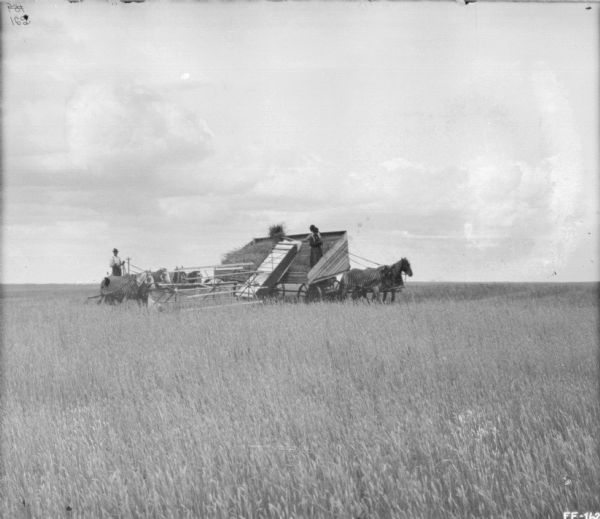 View across field towards a man using a horse-powered push binder header. Two men are on the right standing on a horse-drawn wagon and gathering in the grain. All the horses are wearing blankets.