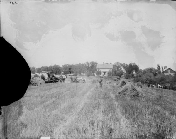 Horse-drawn binders in a field. In the background are farm buildings.
