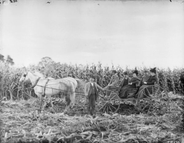 View across harvested field towards a man standing at the side of a horse-drawn wagon in a cornfield. Three men and two women are sitting posing in the wagon. The horses are wearing fly-nets and blinders.