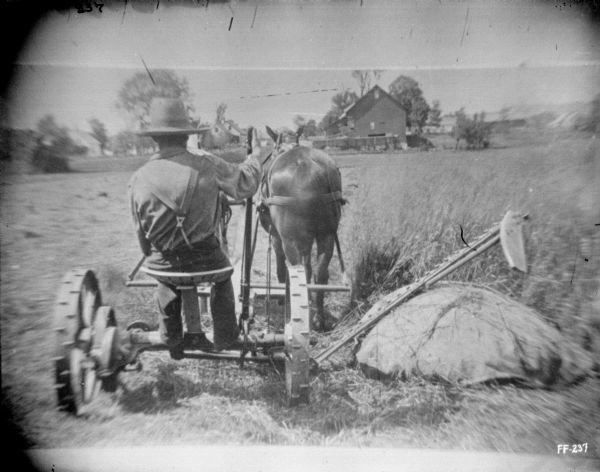 Rear view of a man using a horse-drawn mower in a field. The rake is raised to clear an obstruction. Farm buildings are in the background.