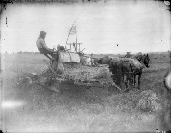 Three-quarter view from right rear of a man using a horse-drawn binder in a field. A U.S. flag is flying from a flagpole on the binder.