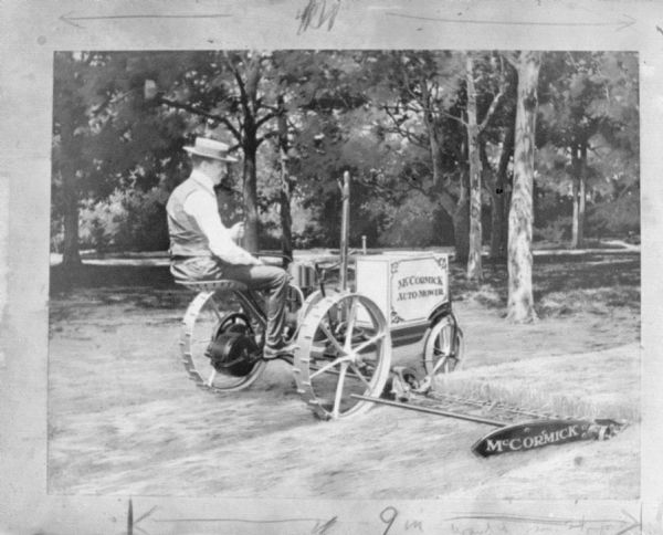 Man on McCormick auto-powered mower.