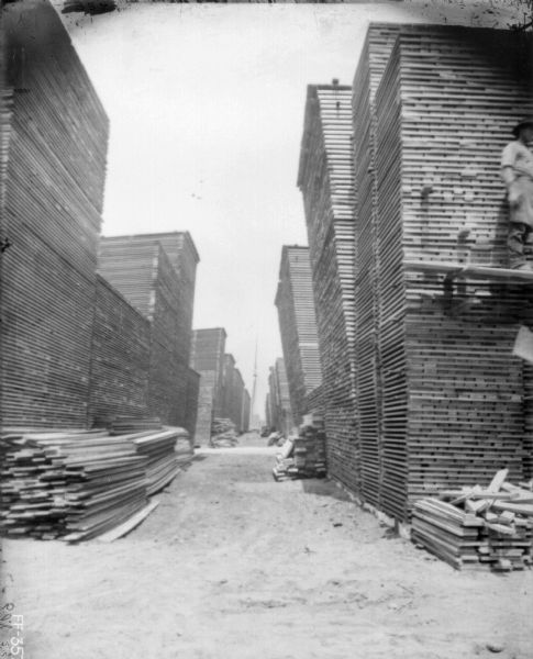 Tall stacks of lumber in storage outdoors in plant yard. On the right a man is standing on a board suspended from the side of one of the stacks.