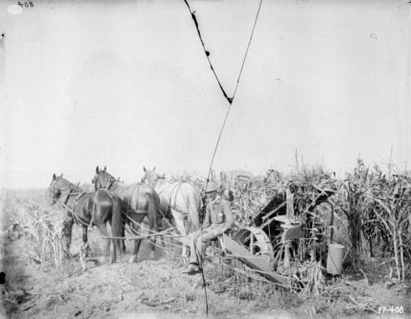 Man posing on fork of horse-drawn corn binder. Three horses are pulling the binder.