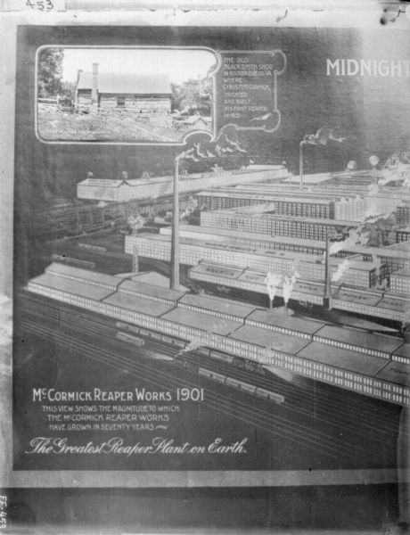 Left section of poster. Copy of graphic titled: "McCormick Reaper Works 1901" with a bird's-eye view of the factory. Inset photograph of the old blacksmith shop in Rockbridge Co., VA.