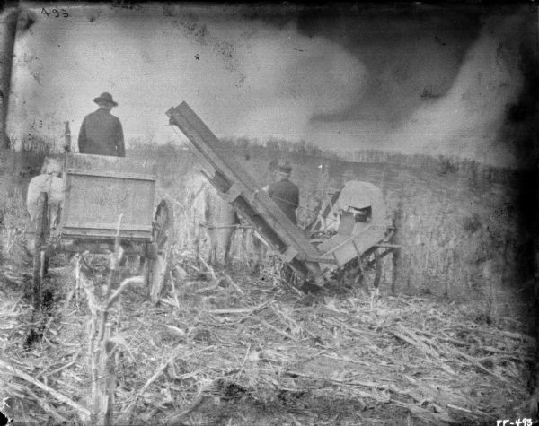 Rear view of a man, on the right, using a horse-drawn corn picker in a field. On the left, beside the picker, is a man on a horse-drawn wagon.