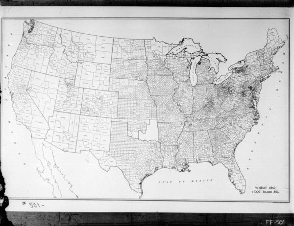 Map of U.S. divided by county, marked with dots, each representing 50,000 BU wheat in 1840.