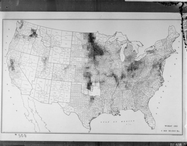Map of U.S. wheat production, divided by county, marked with dots, each representing 50,000 BU wheat in 1900.