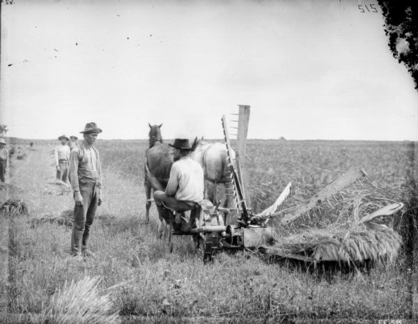 Rear view of a man sitting on a horse-drawn reaper in a field. A man is standing next to him on the left. Other men are standing in the background.