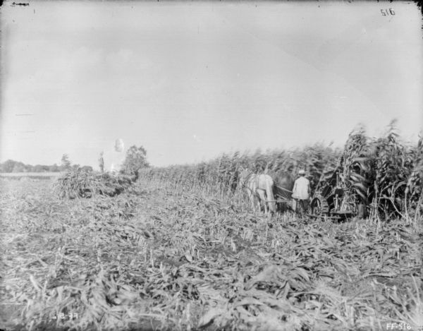 View across harvested field towards a man using a horse-drawn corn binder on the right. In the center further down the field a man is standing on top of a horse-drawn wagon filled with corn stalks.