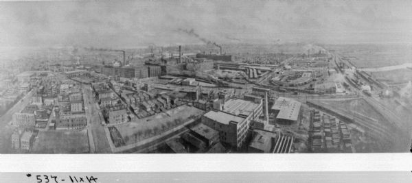 Elevated view of McCormick Works, and the city of Chicago in the background.