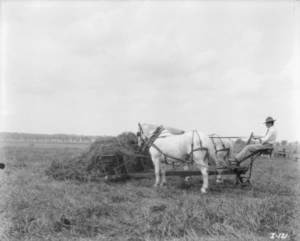 View of a man, wearing a hat and a shirt with a necktie, using a horse-powered hay stacker. In the background on the right a group of men are standing near a wagon.