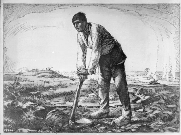 Drawing of a man wearing wooden clogs, leaning on a cultivator hand tool in a field. Another man works in the far background.